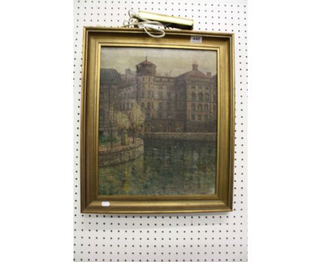 Early 20th century Oil Painting on Canvas of City Landscape by Canal, signed lower left R Kingham Stockholm 1920, 49cms x 39c