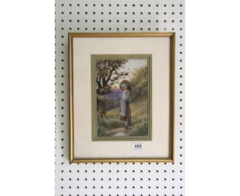 John Gulstow, 19th century watercolour portrait of a country girl crossing a stream 