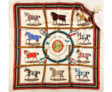 A Hermes, Paris scarf, entitled 'Couvertures et tenues de Jour pour l'ecurie, l'attente et la presentation', showing ten pane