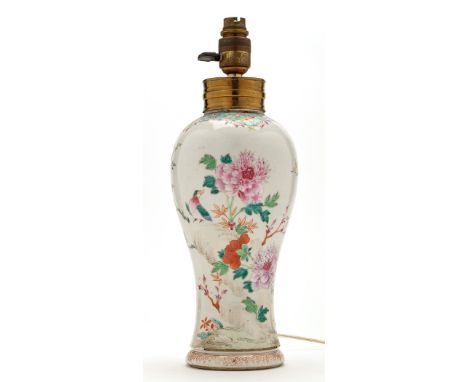 Chinese Famille Rose inverted baluster vase (converted to lamp), painted with floral blooms, birds and insects surmounted by 