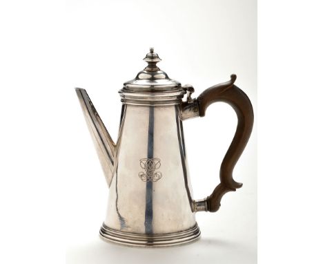 A George II coffee pot, by George Wickes, London 1748, circular tapered and engraved Sikes crest opposed by monogram, domed c