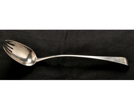 A George III salad server, by I.B., London 1798, Old English pattern and engraved with Sikes family crest.