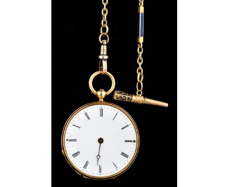 A mid 19th Century yellow metal cased fob watch, the white enamel roman dial with blue enamelled case back, decorated with st