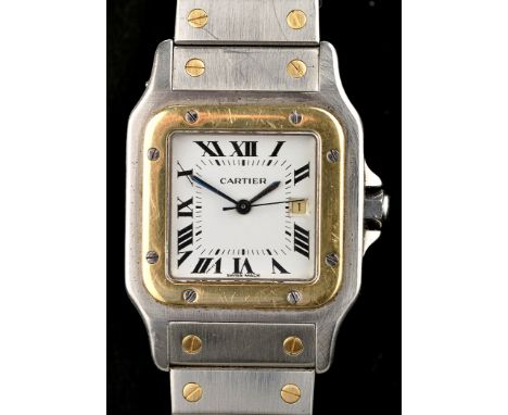 Cartier: a gentleman's automatic two-tone wristwatch, the white enamel dial with black roman numerals, date to right hand sid