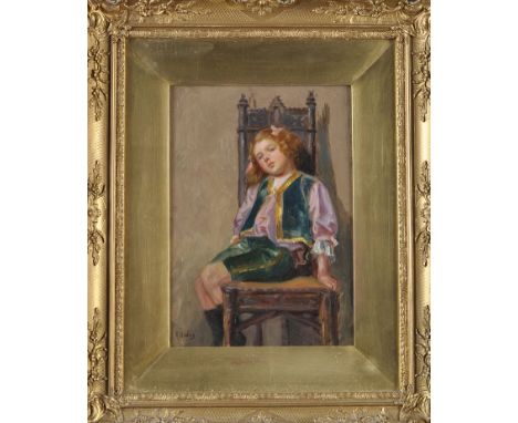Ralph Hedley, RBA
(1848-1913)
"CHARACTER STUDY" - PORTRAIT OF AN AUBURN-HAIRED YOUNG GIRL SEATED ON A CHAIR THOUGHT TO BE THE
