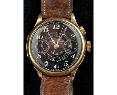 Lemania Chronometer: a gentleman's 18k gold cased wristwatch, with circular black arabic dial and two subsidiary dials, leath