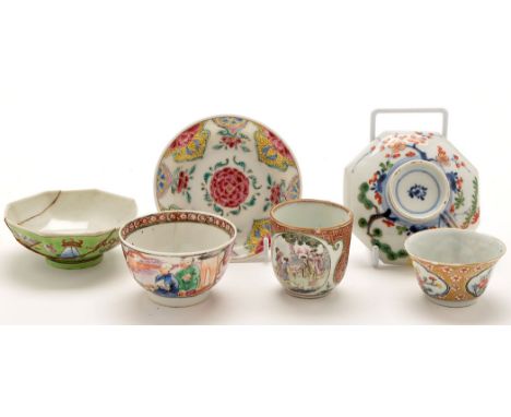 Chinese Famille Rose bowl and cover, the sides with applied flowers and foliage, height 7.6cms; octagonal saucer dish; Famill