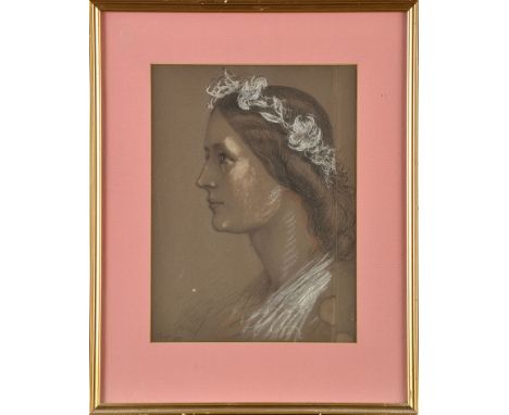 H*** Doyle, RHA
(19th Century)
A PORTRAIT OF A YOUNG WOMAN IN PROFILE WITH A GARLAND OF FLOWERS IN HER HAIR
signed and dated 