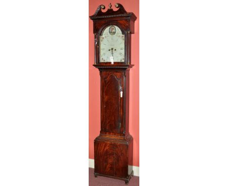 W. Robson, North Shields: an early 19th Century mahogany longcase clock, the painted roman dial with oval scene to arch with 