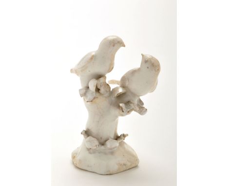 Dated 'Dry Edge' figure of two finches, looking towards each other whilst perched upon a twin branched trunk with applied flo