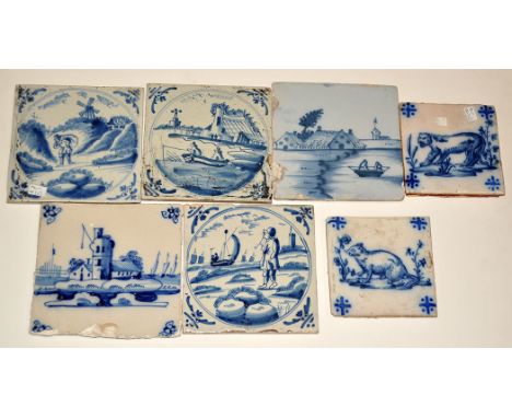 Seven Delftware blue and white  tiles, painted with landscape, fishing and animal scenes, 18th/19th Century, mostly 13 x 13cm