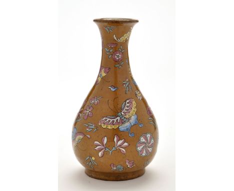 Chinese umber ground stoneware baluster shaped vase, enamel painted with insects and floral sprays, probably 19th Century, he