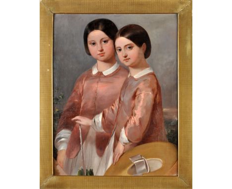 19th Century Belgian School
SISTERS - A PORTRAIT OF TWO GIRLS WEARING MATCHING PINK SILK JACKETS
oil on canvas laid on board
