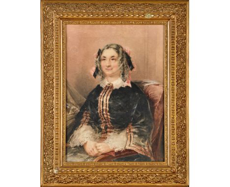 Edwin Hayes
(Irish 1819-1904)
A PORTRAIT OF A WOMAN WEARING A BLACK VELVET LACE-TRIMMED DRESS AND PINK RIBBONS IN HER HAIR, S