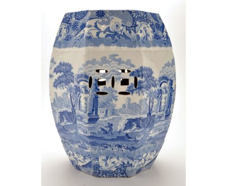 Spode blue and white octagonal barrel shaped seat, the top with pierced carrying handle, pierced sides printed with figures i