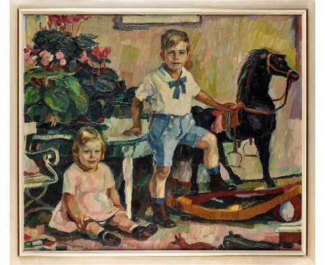 Josse Goosens
(German 1876-1929)
A PORTRAIT OF ANNE-MARIE GOLDSCHMIDT AND FRANZ-LUDWIG GOLDSCHMIDT (aka LUTZ) AT HOME IN AACH