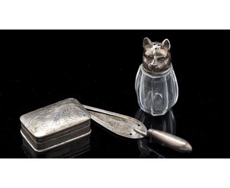 A cut glass pepperette with detachable cover in the form of a cat's head, stamped 925, 2in. (5cms) high; a modern silver pill