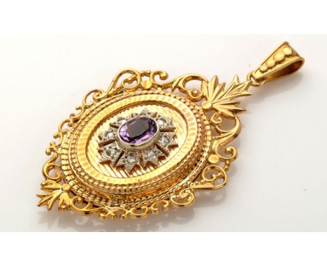 A 9ct. yellow gold, amethyst and diamond locket pendant, the central oval facet cut amethyst in millegrain mount surrounded b