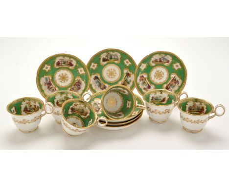 Derby style apple ground tea service, comprising: six tea cups and saucers, each having reserve panels painted with pastoral 