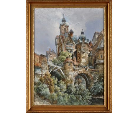 Gustave Doré
(French 19th Century)
FIGURES INSPECTING A BRIDGE LEADING TO THE GATE OF A CONTINENTAL CASTLE
signed
watercolour