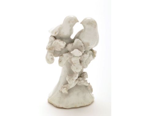 'Dry Edge' figure of two finches, looking towards each other whilst perched upon twin branch trunk, probably 18th Century, pr