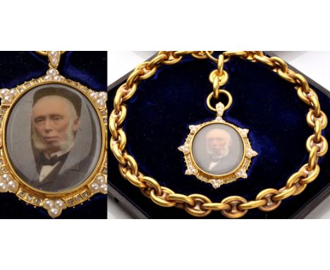 A Victorian portrait miniature pendant on chain, the central portrait miniature of a Mr. Wallis, with short grey hair, long s