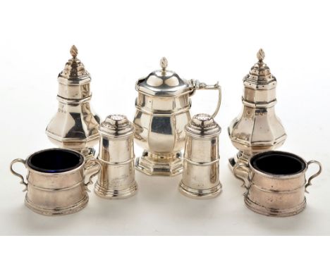 A Victorian three-piece condiment set, by Haseler Bros., Birmingham 1894-99, octagonal baluster form, height of pepperettes 4