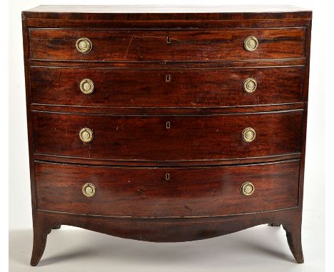 A late George III mahogany bowfront chest of four long graduating drawers, the top decorated with rosewood crossbanding and b