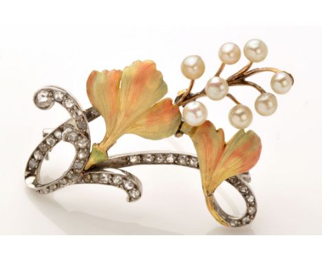 A French early 20th Century pearl, enamel and diamond brooch, of floral design, set with eight pearls above enamel decorated 