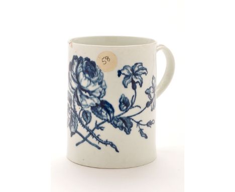 Worcester blue and white tankard, printed with 'The Thorny Rose', mid 18th Century, height 12cms, underglaze blue crescent ma