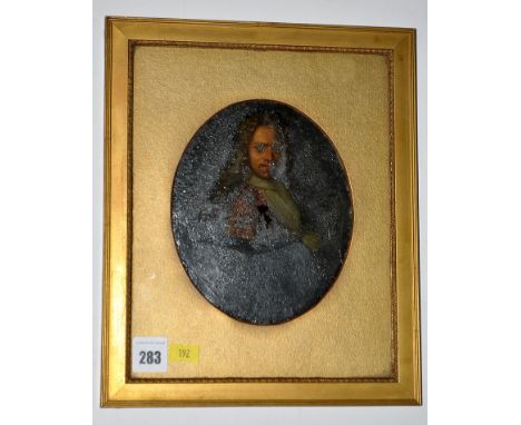 British School
BUST PORTRAIT OF A GENTLEMAN WEARING A FULL-BOTTOMED WIG AND A WHITE CRAVAT
oil on metal panel
16 x 13cms; 6 1