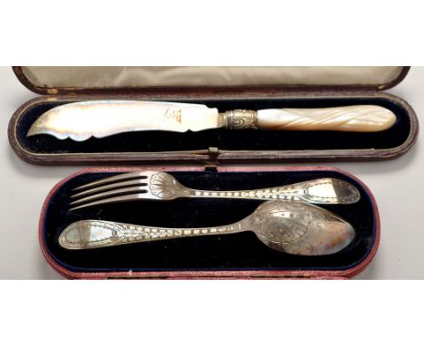 A Victorian christening fork and spoon, by Reid & Sons (David Reid), Newcastle 1865, Old English pattern, profusely chased wi