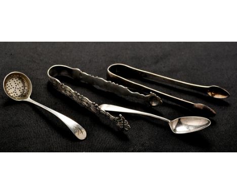A pair of George III sugar tongs, by John Fox and George Love, c.1770, with flower and leaf design, engraved crest; a pair of