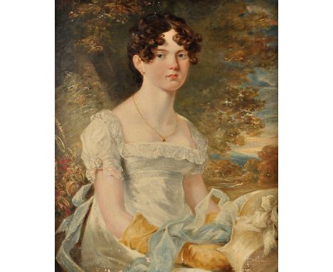 British School c.1800
A PORTRAIT OF A YOUNG WOMAN IN A WHITE LACE-TRIMMED DRESS HOLDING A BROAD BRIMMED HAT AND SEATED IN A L