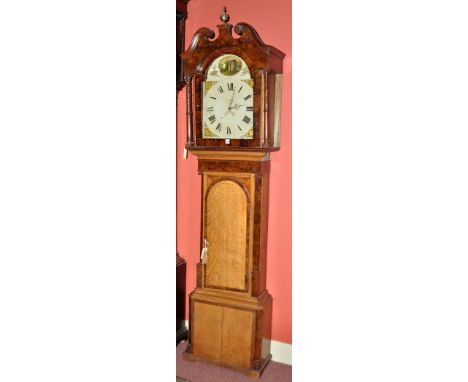 Broughton: a Victorian oak and burr wood banded thirty hour longcase clock, the arched painted roman dial with date aperture,