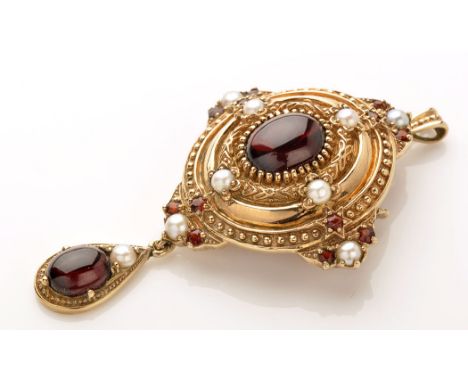 A 20th Century holbinesque brooch/pendant, the 9ct. yellow gold beadwork and floral mount set with cultured pearls, central o