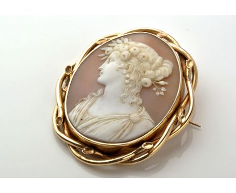 A Victorian carved shell cameo brooch, the central plaque depicting a female classical bust portrait within a yellow metal mo