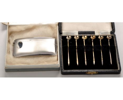 Six George VI silver gilt cocktail sticks, by Walker & Hall, Birmingham 1947, with cockerel motifs, in velvet lined case; and