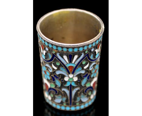 A Russian silver gilt and enamel shot beaker, probably by P.A. Nikitin, bears the Second Kokoshnik mark for Moscow post 1908,