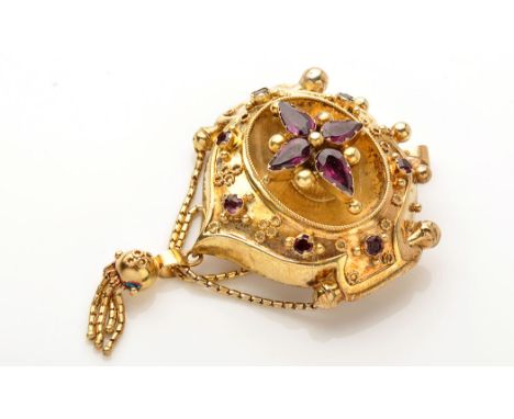 An amethyst and yellow metal brooch, centred by four pear-cut amethysts, surrounded by bead and scrollwork, the spherical dro