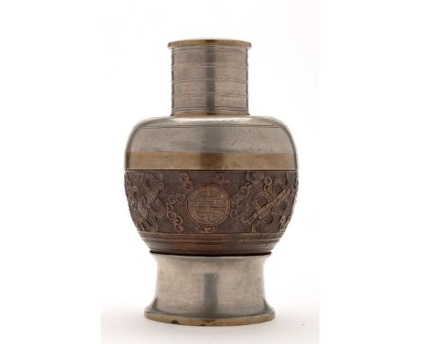 Chinese pewter caddy and cover, the body of bulbous form with bronzed central band, 20th Century, height 14.5cms.