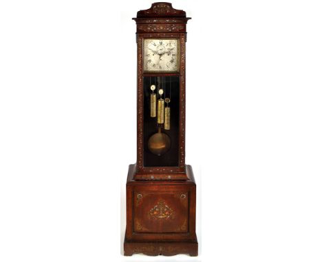 A brass inlaid longcase clock, the square silvered roman dial with arabic outer seconds numerals and inner arabic month numer