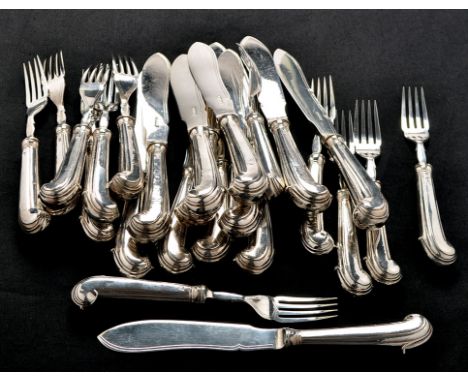 A set of twelve mid 19th Century fish knives with matching forks, the filled silver handles probably marked for Thomas Street