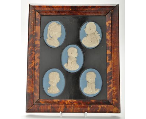 Group of five Wedgwood blue jasperware portrait medallions of Prince William V of Orange and Family, reverse inscriptions on 