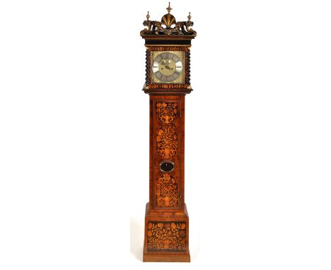 A walnut and floral marquetry longcase clock, the 11 1/2in. square brass dial with silvered roman chapter ring, subsidiary se