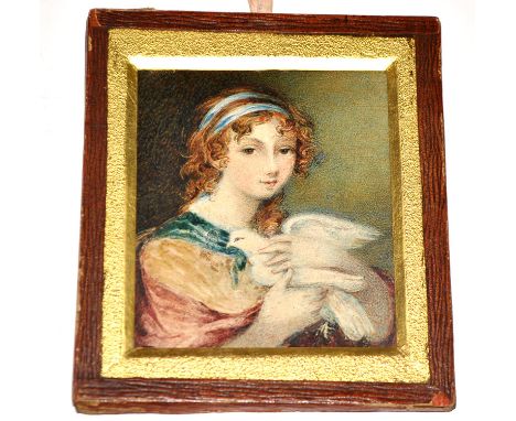 19th Century British School
A MINIATURE PORTRAIT OF A YOUNG AUBURN-HAIRED WOMAN, HALF-LENGTH HOLDING A WHITE DOVE
bodycolour 