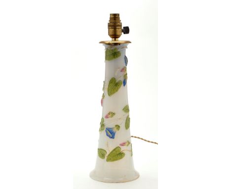 Painted opaque glass lamp stand (converted), height 42cms; miniature Nailsea style flask; miniature glass figure. (3)