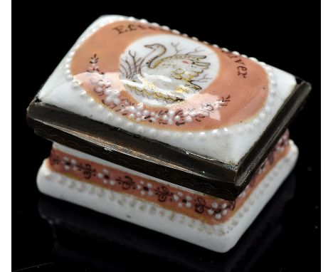 A Georgian enamel patch box, of rectangular waisted form, the hinged cover painted with swan "Esteem The Giver", with mirror 