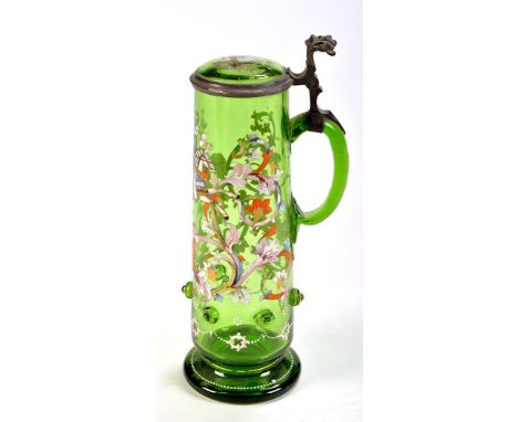 Central European enamel painted pewter mounted green glass flagon, painted with knight in armour enclosed by foliate scrolls,