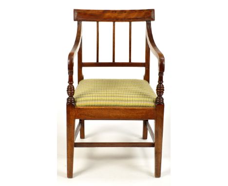 A late Georgian mahogany open arm dining chair, with square-shaped back and stick splats decorated with reeded moulding, the 